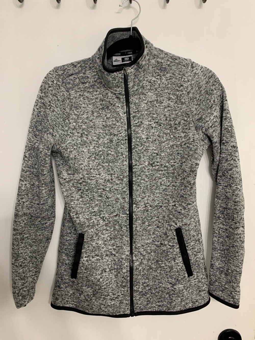 Womens S Reebok Gray Heather Full-Zip Teddy Tight Knit Sweater with Black Trim